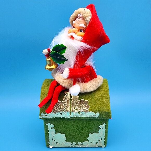 Santa Claus On Rooftop Green Felt Box Ornament Holly Gold Bell & Foil Accents v1 - Picture 3 of 10